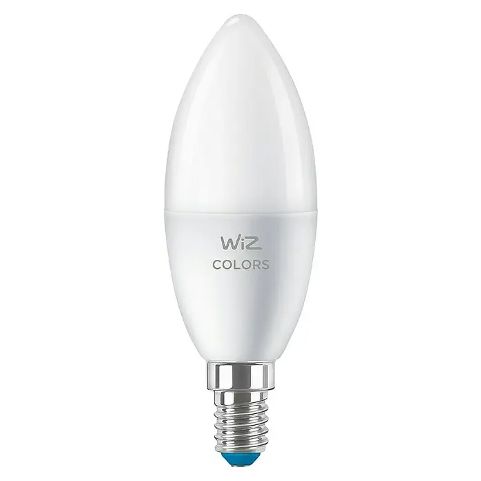 Philips Wiz Smart-LED-Lampe - E14, Dimmbar, RGBW, 470 lm, 4,9 W, 2 Stk. - Eine Nahaufnahme einer WiZ Colors Kerzenlampe, die eine intelligente und farbenfrohe Beleuchtung für Ihr Zuhause bietet.