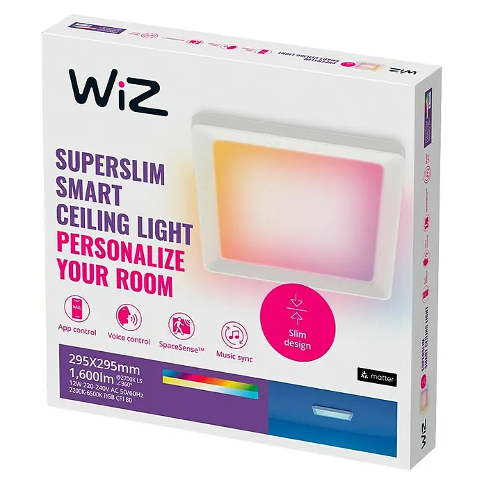 Philips Wiz LED-Panel - 12 W, L x B x H: 29,5 x 29,5 x 3,7 cm, Weiß, RGBW - Verpackung der Wiz Superslim Smart Deckenleuchte mit Farbfunktion, App- und Sprachsteuerung, sowie Musiksynchronisation für eine personalisierte Raumgestaltung.