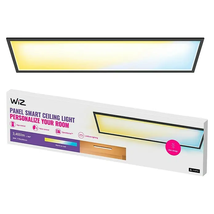 Philips Wiz LED-Panel Tunable White Slim Design - 12 W, L x B x H: 119,5 x 29,5 x 4 cm, Schwarz, Kaltweiß - Das WiZ Panel Smart Ceiling Light ist eine intelligente Deckenleuchte zur individuellen Raumgestaltung mit App- und Sprachsteuerung.