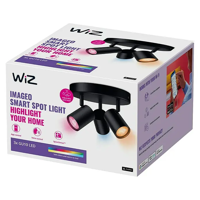 Philips Wiz LED-Deckenstrahler rund Imageo - 15 W, RGBW, Anzahl Leuchtmittel: 3 Stk., L x B x H: 21 x 21 x 12,3 cm, Schwarz - Verpackung der WiZ Imageo Smart Spot Light, einer intelligenten Beleuchtungslösung zur flexiblen Gestaltung Ihres Zuhauses.