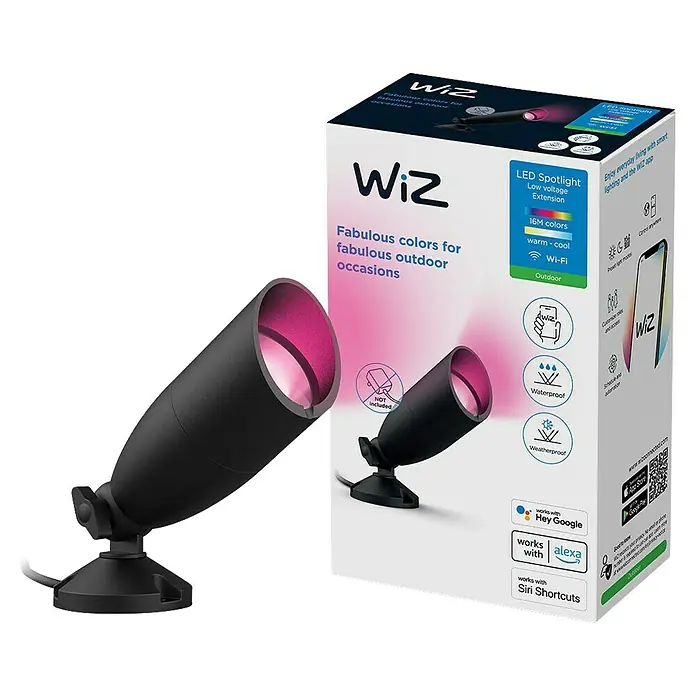 Philips Wiz LED-Gartenstrahler Erweiterungsset - IP65, LED, 1 Stk. - Wiz LED-Spotstrahler für den Außenbereich mit Farbwechsel und intelligenter Steuerung, abgebildet mit der Produktverpackung.
