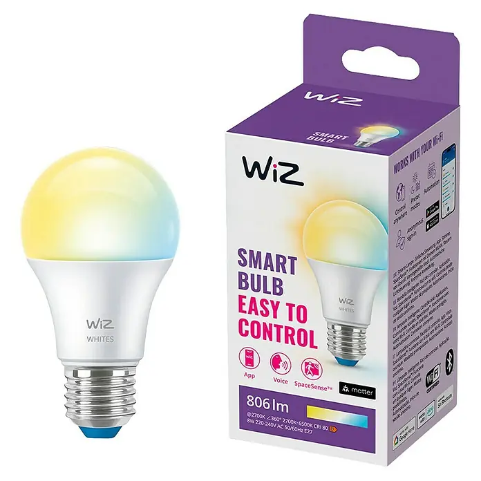 Philips Wiz Smart-LED-Lampe matter - E27, Dimmbar, Neutralweiß, 806 lm, 8 W, 1 Stk. - Bild einer WiZ Smart Bulb Easy To Control Lampe und ihrer Verpackung.