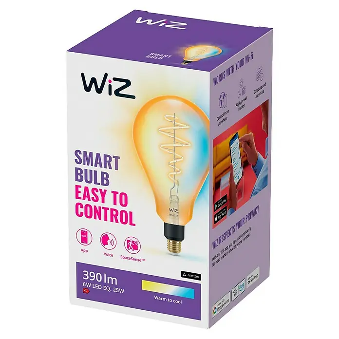 Philips Wiz Smart-LED-Lampe Filament Amber - E27, Dimmbar, Tageslichtweiß, 390 lm, 6 W - Nahaufnahme der Verpackung einer intelligenten WiZ-Glühbirne, die einfache Steuerung und Privatsphäre betont.