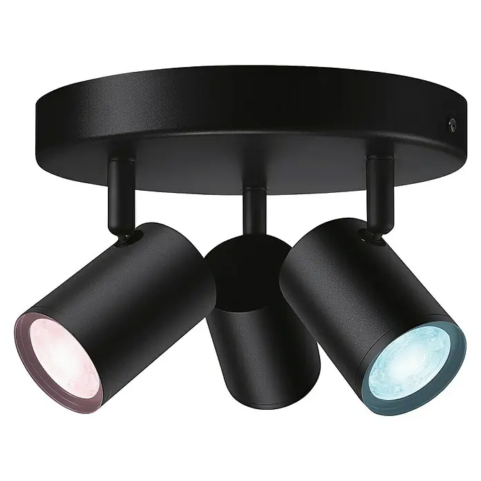 Philips Wiz LED-Deckenstrahler rund Imageo - 15 W, RGBW, Anzahl Leuchtmittel: 3 Stk., L x B x H: 21 x 21 x 12,3 cm, Schwarz - Schwarze Deckenleuchte mit drei Strahlern, die in verschiedene Richtungen leuchten und eine moderne Atmosphäre schaffen.