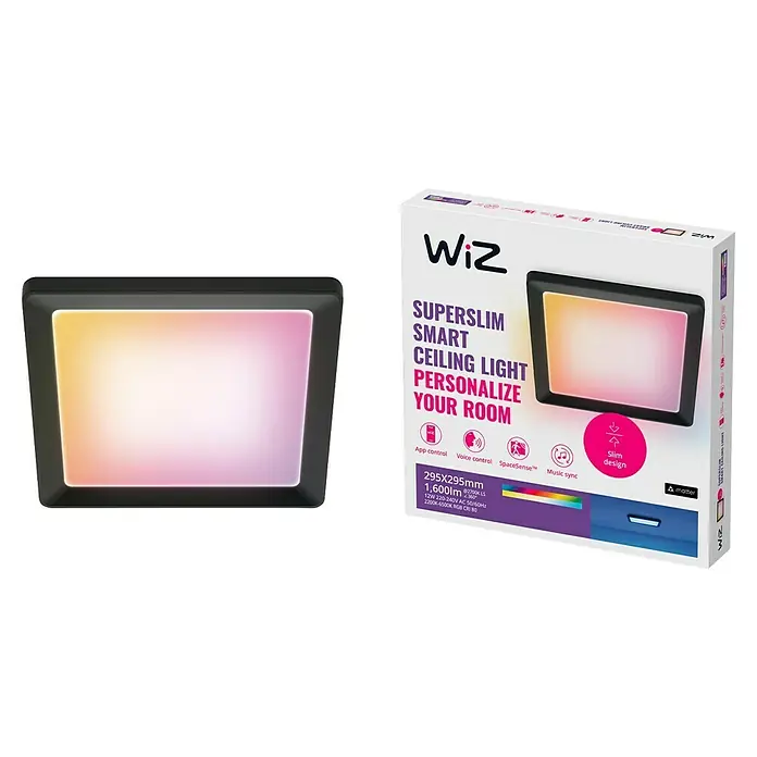 Philips Wiz LED-Panel - 12 W, L x B x H: 29,5 x 29,5 x 3,7 cm, Schwarz, RGBW - Intelligente WiZ Superslim Deckenleuchte mit Farbwiedergabe. Inklusive Verpackung mit Produktinformationen und Eigenschaften.
