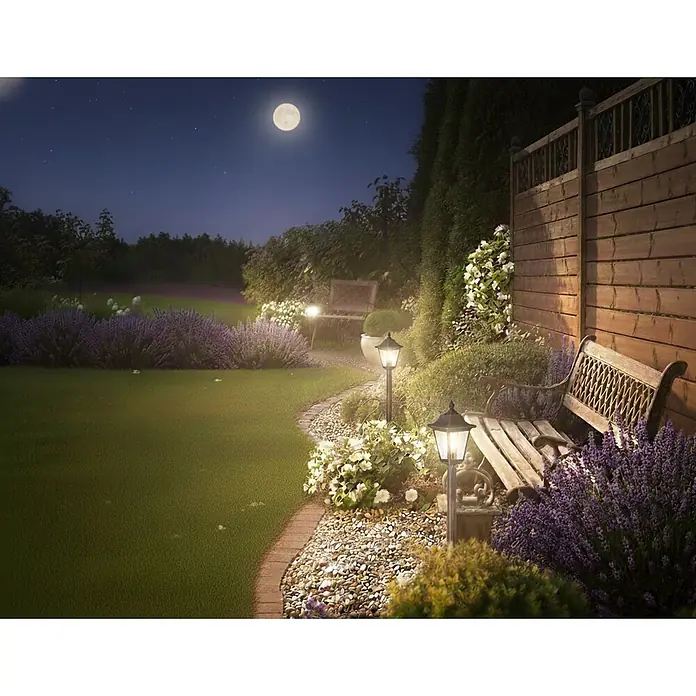 Andrewex Sichtschutzelement Rosette - B x H: 180 x 180 cm, Kiefer Natur - Gartenbild bei Nacht mit Beleuchtung. Die Gartenleuchten beleuchten den Weg und die Bänke und sorgen für eine warme Atmosphäre.