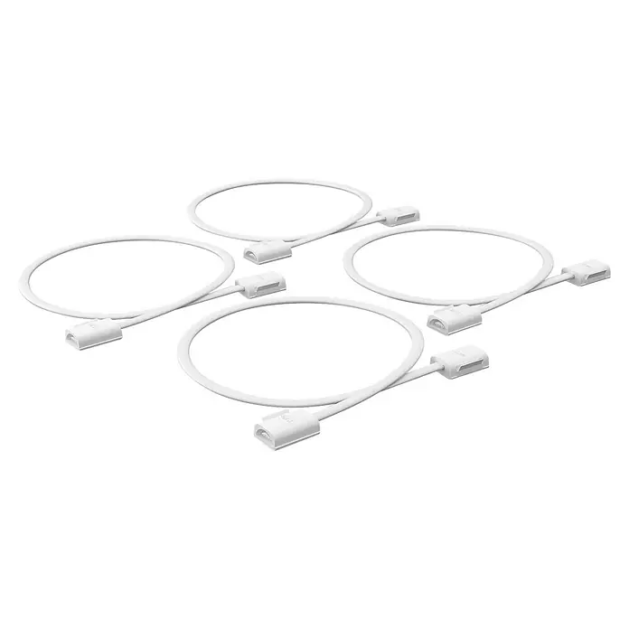 Philips Hue Verbinder Flex - Passend für: Flux Gradient Lightstrip, 4 Stk. - Vier weiße LED-Verlängerungskabel sind auf einem schwarzen Hintergrund zu sehen, die die Flexibilität der LED-Beleuchtungslösung hervorheben.