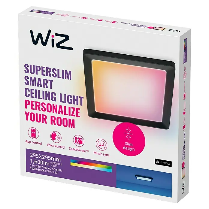 Philips Wiz LED-Panel - 12 W, L x B x H: 29,5 x 29,5 x 3,7 cm, Schwarz, RGBW - Produktverpackung für eine WiZ Superslim Smart Deckenleuchte mit App- und Sprachsteuerung und Musiksync-Funktion.