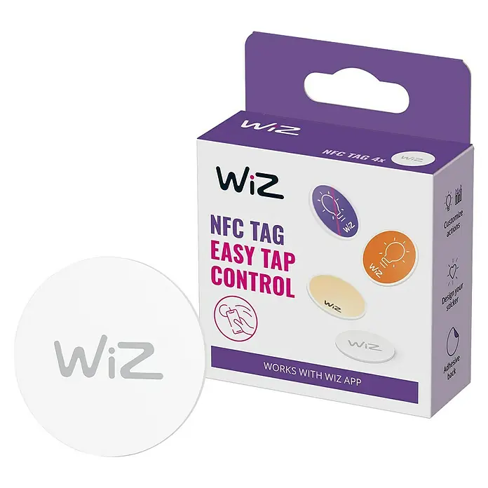 WiZ Aufkleber NFC-Tag - Höhe: 1 mm, 4 Stk. - Ein WiZ NFC-Tag 4er-Pack mit einem einzelnen NFC-Tag vorne. Einfache Tap-Steuerung und anpassbare Aktionen für Ihr Smart Home.