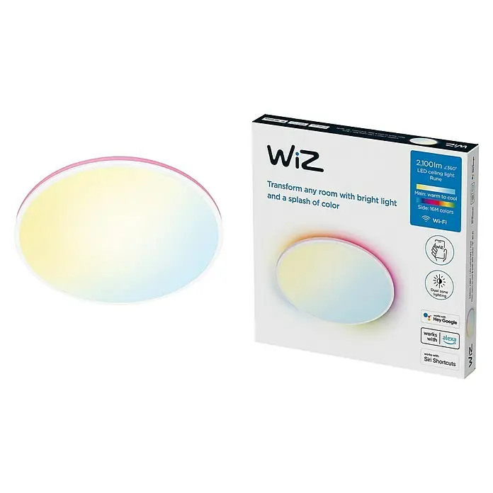 Philips Wiz LED-Deckenleuchte rund - 21 W, Ø x H: 40 x 4,5 cm, Weiß, Kaltweiß - Das Bild zeigt eine WiZ LED-Deckenleuchte "Rune" mit 2.100 Lumen und 360°-Beleuchtung, die farbige Akzente setzt und intelligent steuerbar ist.