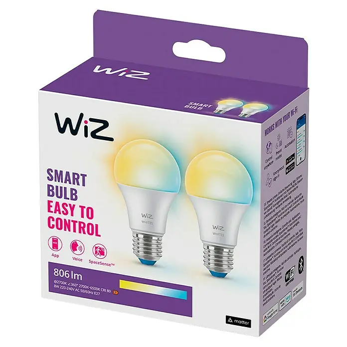 Philips Wiz Smart-LED-Lampe matter - E27, Dimmbar, Neutralweiß, 806 lm, 8 W, 2 Stk. - Nahaufnahme der Verpackung eines WiZ Smart Bulb-Doppelpacks, das eine einfache Steuerung und die Kompatibilität mit Wi-Fi hervorhebt.