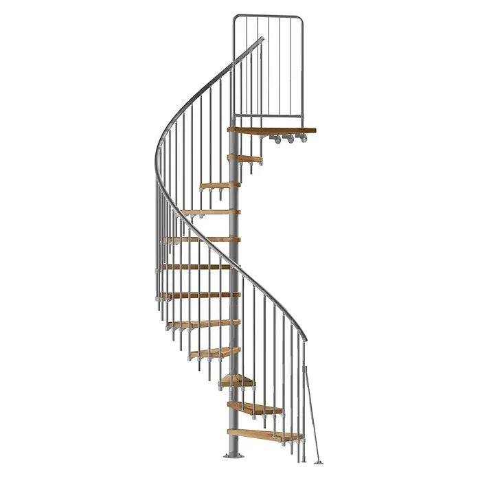 Atrium Spindeltreppe Novo Vertical - Farbton Metall: RAL 9006, Durchmesser: 160 cm, Eiche, Geschosshöhe: 271,4 cm - 313,5 cm - Eine elegante Wendeltreppe aus Metall mit Holzstufen, die sich spiralförmig nach oben windet. Perfekt für moderne Innenräume.