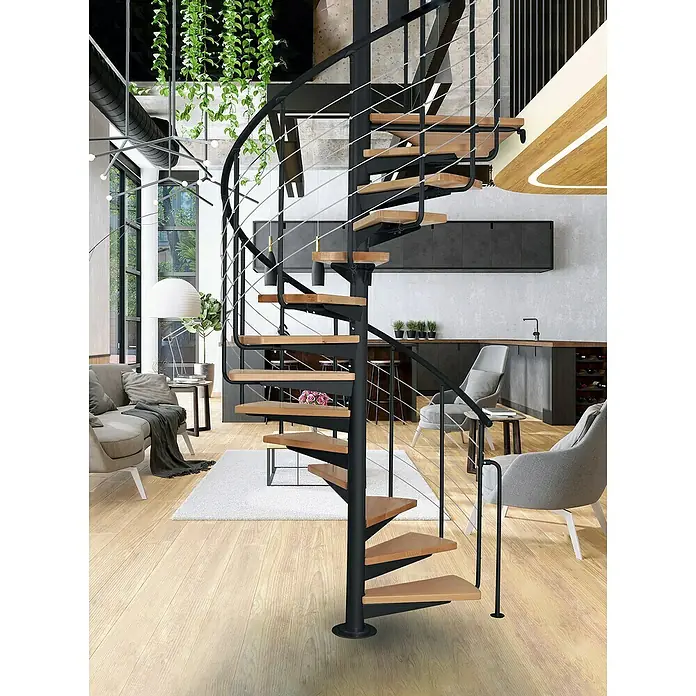 Atrium Spindeltreppe System - Farbton Metall: RAL 9005, Durchmesser: 168 cm, Buche, Geschosshöhe: 280 cm - 300 cm - Elegante Wendeltreppe aus Holz und Metall. Das moderne Design fügt sich nahtlos in den hellen Wohnraum ein und sorgt für einen Blickfang.
