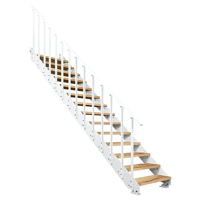 Atrium Wangentreppe Prosto Vertical - Farbton Metall: RAL 9003, Breite: 80 cm, Eiche, 14 Geländerpfosten, Geschosshöhe: 247,5 cm - 285 cm - Weiße Treppe mit Holzstufen. Sie ist ideal für den Innenbereich und bietet eine einfache Montage.