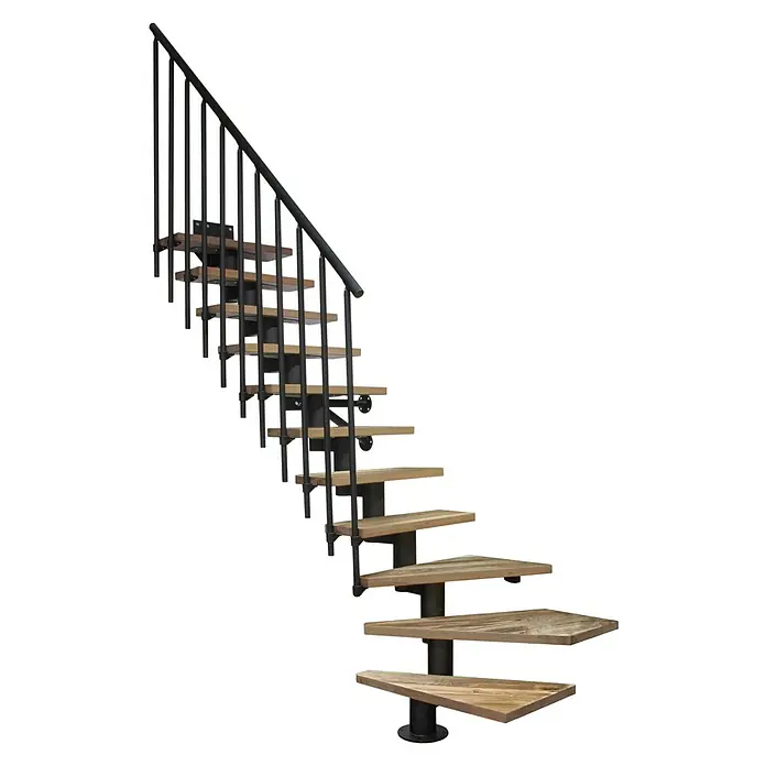 Atrium Mittelholmtreppe Dixi Plus Vertical - Farbton Metall: RAL 9005, Breite: 70 cm, Eiche, 1/4-gewendelt, Geschosshöhe: 222 cm - 300 cm - Wendeltreppe mit Holzstufen und Geländer aus Metall. Die Treppe ist elegant und modern gestaltet.