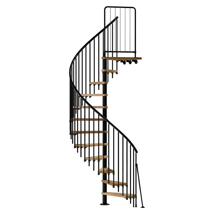 Atrium Spindeltreppe Novo Vertical - Farbton Metall: RAL 9005, Durchmesser: 160 cm, Eiche, Geschosshöhe: 271,4 cm - 313,5 cm - Eine elegante Wendeltreppe mit schwarzen Geländern und hellen Holzstufen vor schwarzem Hintergrund.