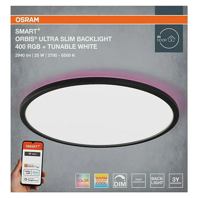 Osram Smart+ LED-Panel rund Ultra Slim - Ø x H: 40 x 2,7 cm, Schwarz, Neutralweiß - Abbildung einer OSRAM SMART+ Orbis® Ultra Slim Backlight Deckenleuchte, die farbiges und tunable White Licht bietet, ideal für Innenräume.