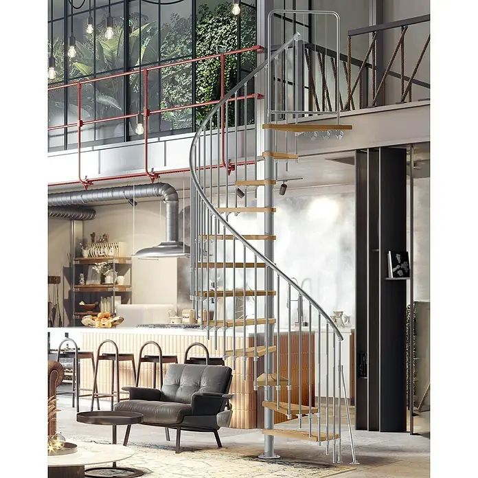 Atrium Spindeltreppe Novo Vertical - Farbton Metall: RAL 9006, Durchmesser: 160 cm, Eiche, Geschosshöhe: 271,4 cm - 313,5 cm - Elegante Wendeltreppe aus Stahl und Holz für modernes Wohnen. Das klare Design fügt sich nahtlos in den loftartigen Raum ein und verbindet die Ebenen stilvoll.