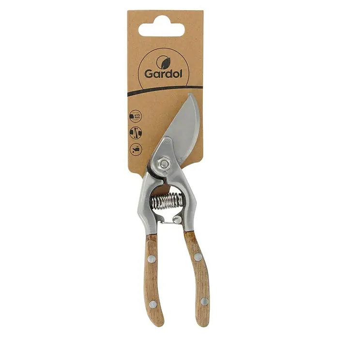 Gardol Gartenschere - Bypass, Holz, Stahl - Gardol Gartenschere mit Holzgriffen und braunem Aufhänger. Ideal für präzise Schnitte im Garten, robust und langlebig.