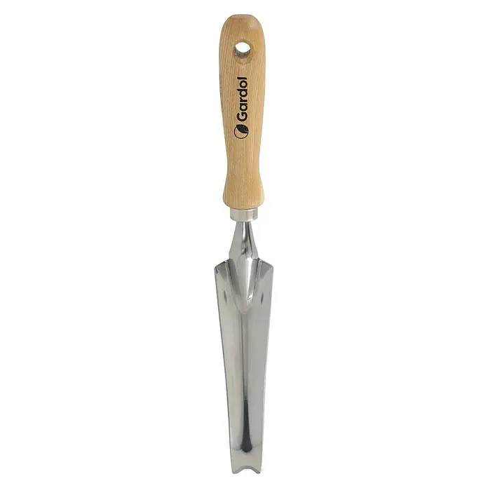 Gardol Unkrautstecher - Länge: 34 cm, Esche, Edelstahl - Nahaufnahme einer Gardena Pflanzkelle mit Holzgriff und glänzendem Metalleinsatz, ideal für Gartenarbeiten.