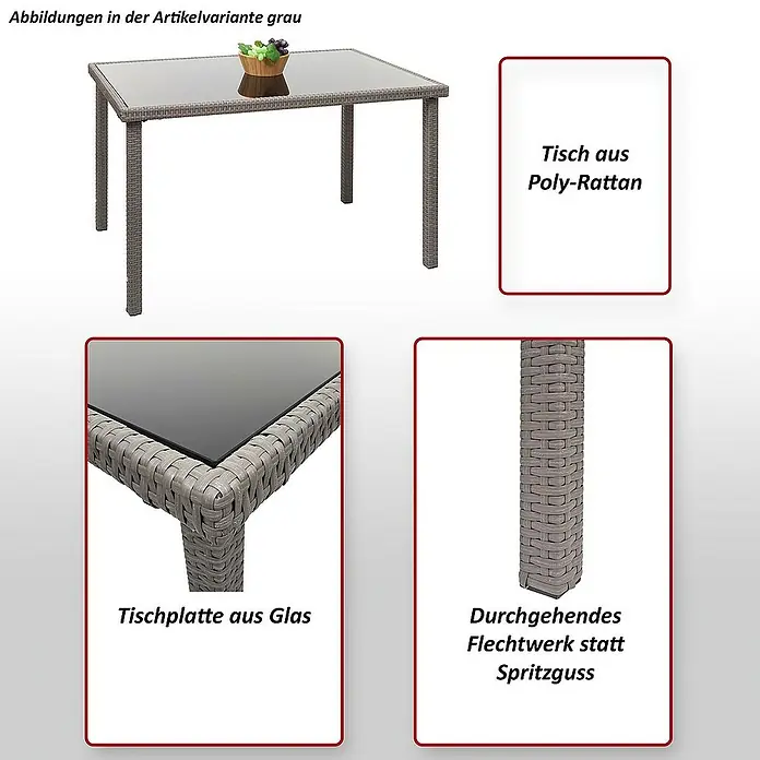 Proregal Gartentisch Poly-Rattan - Poly-Rattan, Rechteckig, Grau-Braun