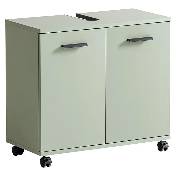 Schildmeyer Palermo Waschtischunterschrank - B x T x H: 60 x 32,6 x 63,4 cm, Pistazie, Matt - Dieser moderne Badezimmerschrank in sanftem Grün verfügt über zwei Türen mit eleganten Griffen und praktischen Rollen für Flexibilität.
