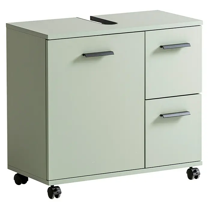 Schildmeyer Palermo Waschtischunterschrank - B x T x H: 65 x 32 x 60 cm, Pistazie, Matt - Bild eines mintgrünen Unterschranks mit schwarzen Griffen und Rollen. Der Schrank hat eine Schublade und eine Tür.
