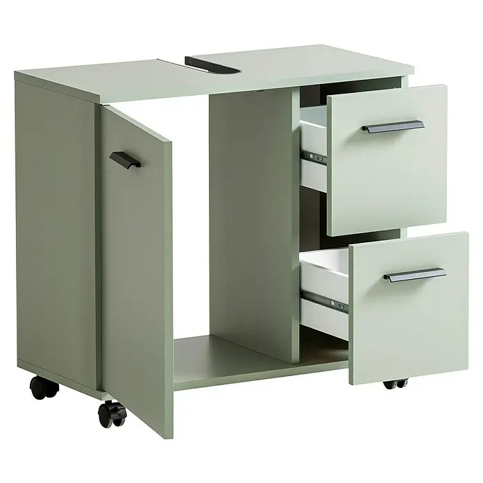Schildmeyer Palermo Waschtischunterschrank - B x T x H: 65 x 32 x 60 cm, Pistazie, Matt - Mobiles Büromöbelstück in einem hellen Farbton, das Schrankfächer und offene Schubladen für eine flexible Aufbewahrung bietet.