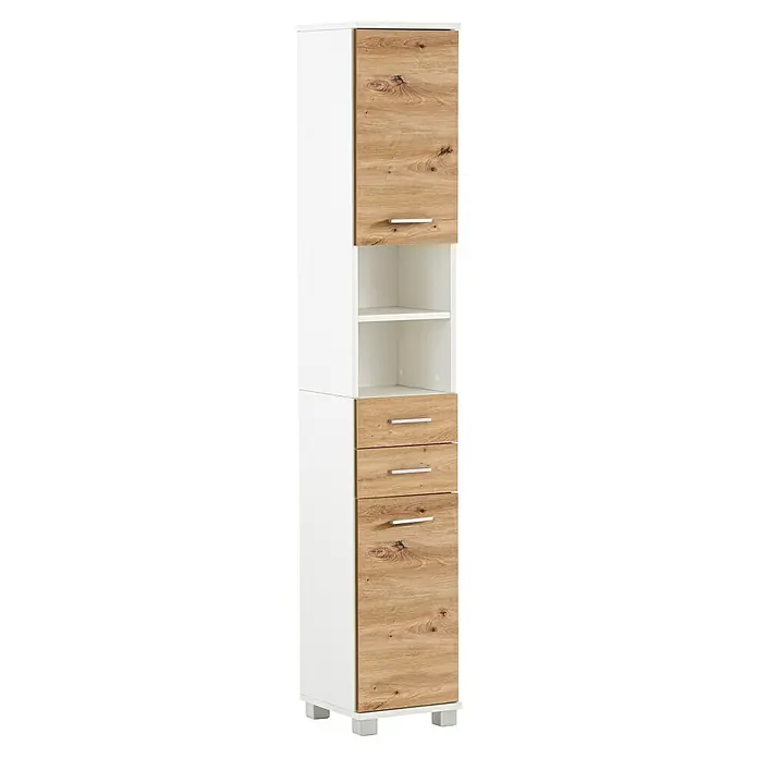 Schildmeyer Palermo Hochschrank - B x T x H: 30 x 32,6 x 181 cm, Weiß/Eiche, Matt - Modernes Badezimmerhochschrankmöbelstück in Weiß und Holzoptik mit einer Tür, offenen Regalen und drei Schubladen.