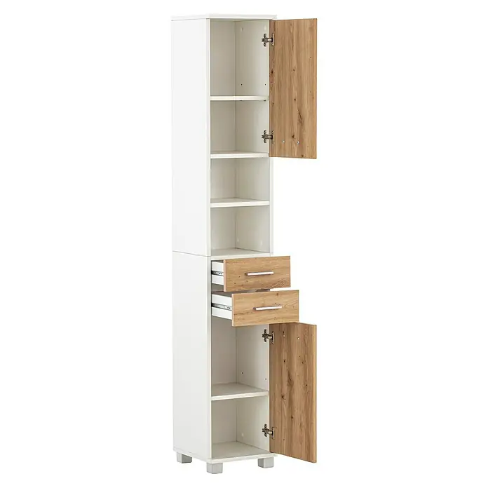 Schildmeyer Palermo Hochschrank - B x T x H: 30 x 32,6 x 181 cm, Weiß/Eiche, Matt - Ein moderner, weißer Hochschrank mit offenen Regalen, zwei Schubladen und zwei Holztüren, ideal für Badezimmer oder Wohnbereiche.