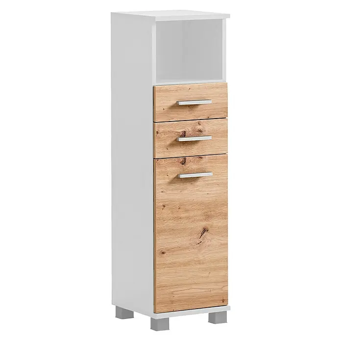 Schildmeyer Palermo Highboard - B x T x H: 30 x 32,6 x 110,5 cm, Weiß/Eiche, Matt - Ein hochformatiger Badezimmerschrank in Weiß mit drei Holzschubladen und silbernen Griffen. Moderner Stauraum für Ihr Bad.