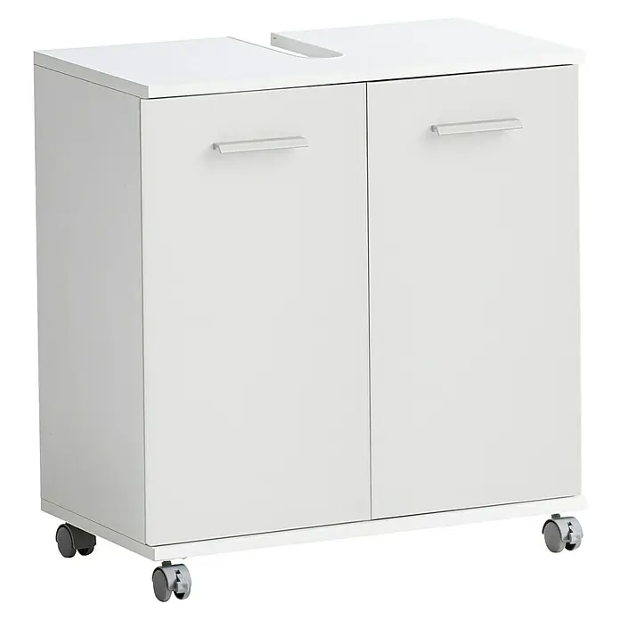 Schildmeyer Palermo Waschtischunterschrank - B x T x H: 60 x 32,6 x 63,4 cm, Weiß, Matt - Weißer Badezimmerschrank mit zwei Türen, Griffen und Rollen für einfache Mobilität. Praktische Aufbewahrungslösung.
