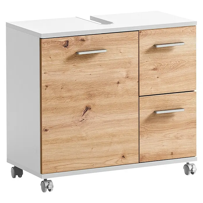 Schildmeyer Palermo Waschtischunterschrank - B x T x H: 65 x 32 x 60 cm, Weiß/Eiche, Matt - Badezimmermöbel mit Holzfront und weißer Oberfläche, das Design vereint Funktionalität und Ästhetik.