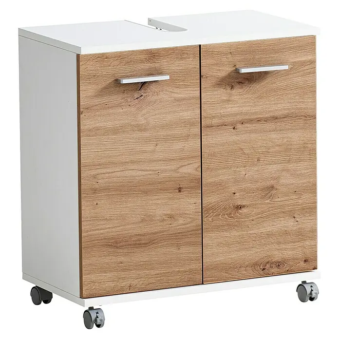 Schildmeyer Palermo Waschtischunterschrank - B x T x H: 60 x 32,6 x 63,4 cm, Weiß/Eiche, Matt - Ein weißer Unterschrank mit zwei Holztüren und silbernen Griffen, ideal für Badezimmer oder Waschküche, bietet Stauraum und Funktionalität.
