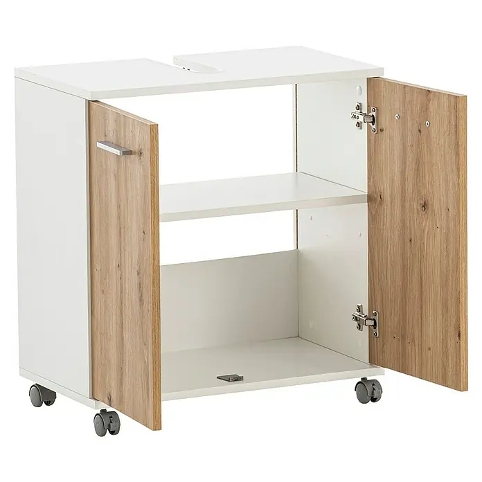 Schildmeyer Palermo Waschtischunterschrank - B x T x H: 60 x 32,6 x 63,4 cm, Weiß/Eiche, Matt - Ein Badezimmerunterschrank in Weiß und Holzoptik mit offenen Türen, der Stauraum und Stil für jedes Badezimmer bietet.