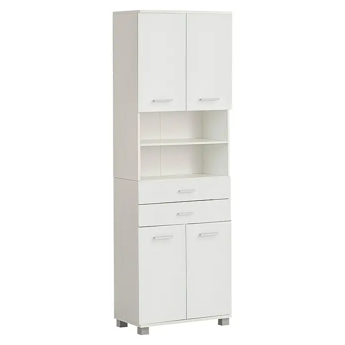 Schildmeyer Palermo Hochschrank - B x T x H: 60 x 32,6 x 181 cm, Weiß, Matt - Ein weißer Küchenschrank mit Schranktüren, Schubladen und offenen Regalen. Viel Stauraum durchdacht und kompakt.