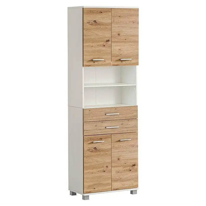 Schildmeyer Palermo Hochschrank - B x T x H: 60 x 32,6 x 181 cm, Weiß/Eiche, Matt - Ein geräumiger Hochschrank mit Holztüren, Schubladen und Regalen, ideal zur Aufbewahrung und Organisation im Wohnbereich.