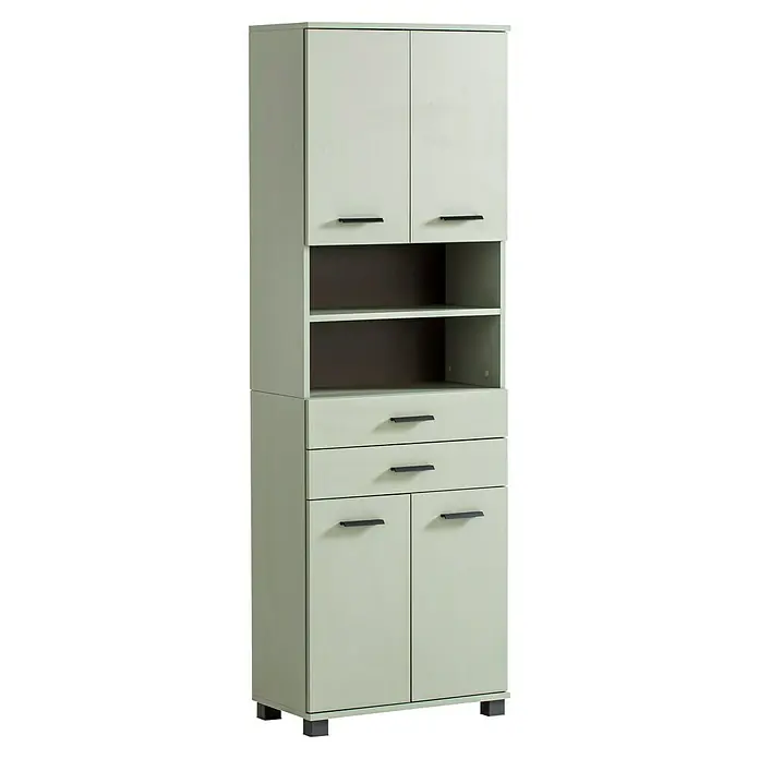 Schildmeyer Palermo Hochschrank - B x T x H: 60 x 32,6 x 181 cm, Pistazie, Matt - Ein heller, moderner Küchenschrank mit schwarzen Griffen, der Stauraum durch Fächer, Schubladen und Schränke bietet.