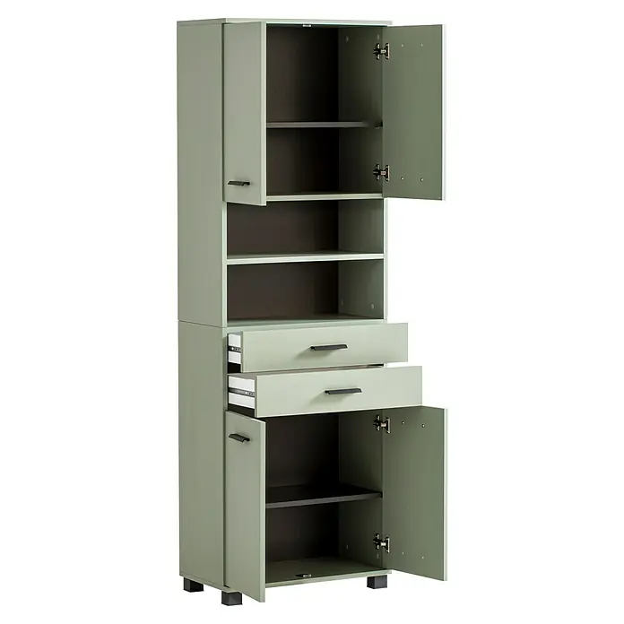 Schildmeyer Palermo Hochschrank - B x T x H: 60 x 32,6 x 181 cm, Pistazie, Matt - Ein hoher, mintgrüner Schrank mit offenen Türen und Schubladen, der Stauraum und Organisation bietet. Der Schrank hat Regalböden.