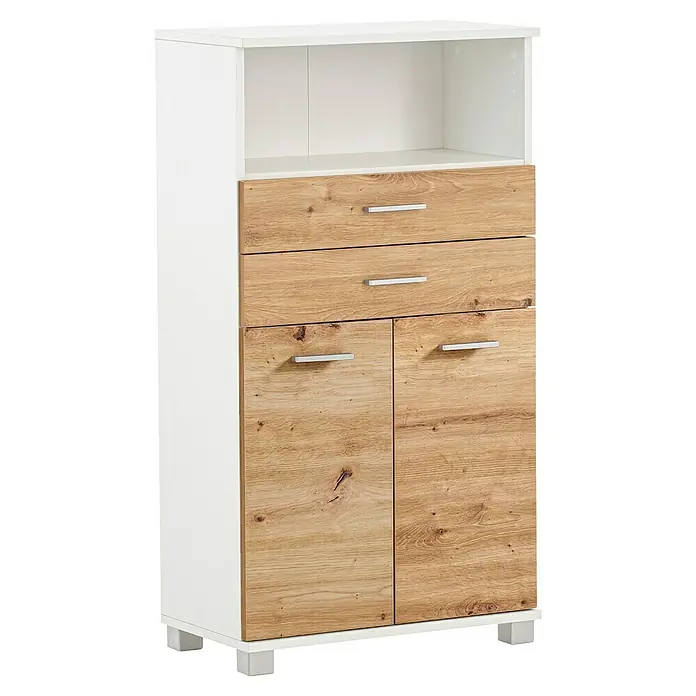 Schildmeyer Palermo Highboard - B x T x H: 60 x 32,6 x 110,5 cm, Weiß/Eiche, Matt - Ein modernes Sideboard in Weiß und Holzoptik mit Schubladen und Schrankfächern bietet viel Stauraum und fügt sich in jeden Raum ein.