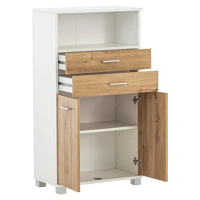 Schildmeyer Palermo Highboard - B x T x H: 60 x 32,6 x 110,5 cm, Weiß/Eiche, Matt - Ein moderner weißer Schrank mit zwei Schubladen in Holzoptik und einer Tür, die den Blick auf ein Ablagefach freigibt.