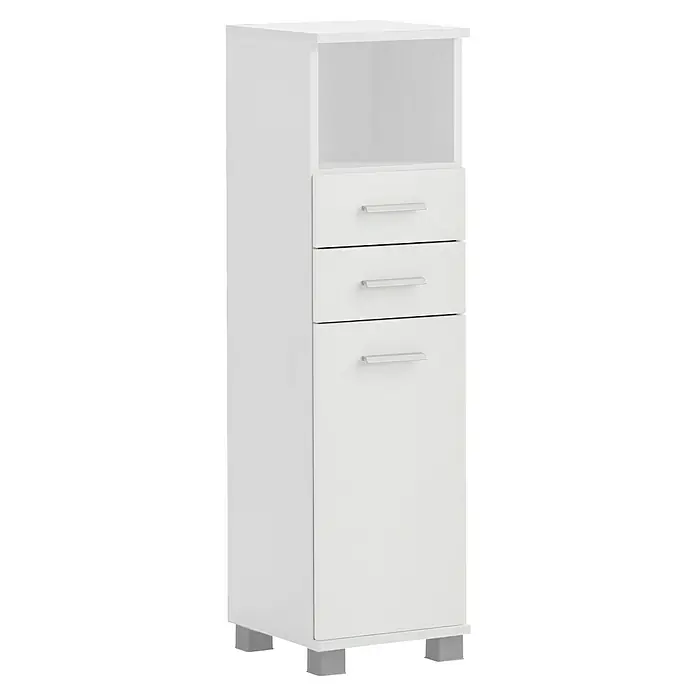 Schildmeyer Palermo Highboard - B x T x H: 30 x 32,6 x 110,5 cm, Weiß, Matt - Ein hoher, weißer Badezimmerschrank mit offenem Regal, zwei Schubladen und einem Fach mit Tür, ideal für die Badezimmeraufbewahrung.