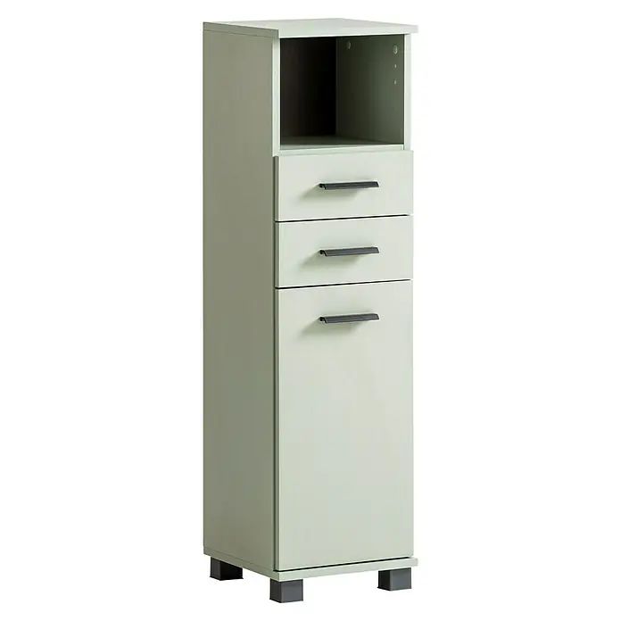 Schildmeyer Palermo Highboard - B x T x H: 30 x 32,6 x 110,5 cm, Pistazie, Matt - Ein modernes Badezimmermöbel in einem hellen Grünton mit drei Schubladen und einem offenen Fach, ideal für stilvolle Badezimmerorganisation.