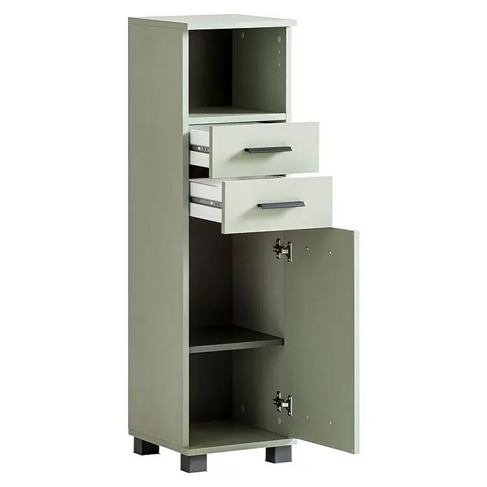 Schildmeyer Palermo Highboard - B x T x H: 30 x 32,6 x 110,5 cm, Pistazie, Matt - Ein hochformatiger, blassgrüner Schrank mit zwei Schubladen und einem offenen Regal oben sowie einem Schrankfach mit Tür unten.