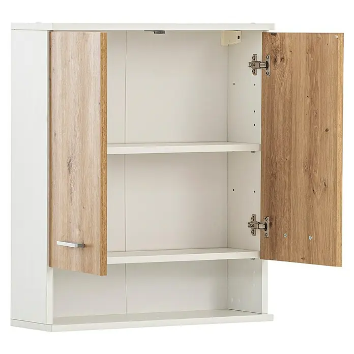 Schildmeyer Palermo Oberschrank - B x T x H: 60 x 20,5 x 71 cm, Weiß/Eiche, Matt - Offener Badezimmerschrank mit zwei Regalen und zwei Holztüren mit Griff. Das Badezimmer ist hell und modern gestaltet.