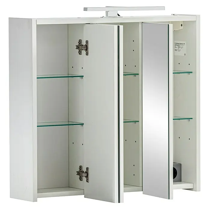 Schildmeyer Palermo LED-Spiegelschrank - B x H: 65 x 62,7 cm, Weiß - Weißer Spiegelschrank mit offenen Türen, Glasregalen und integrierter Beleuchtung für Badezimmer.