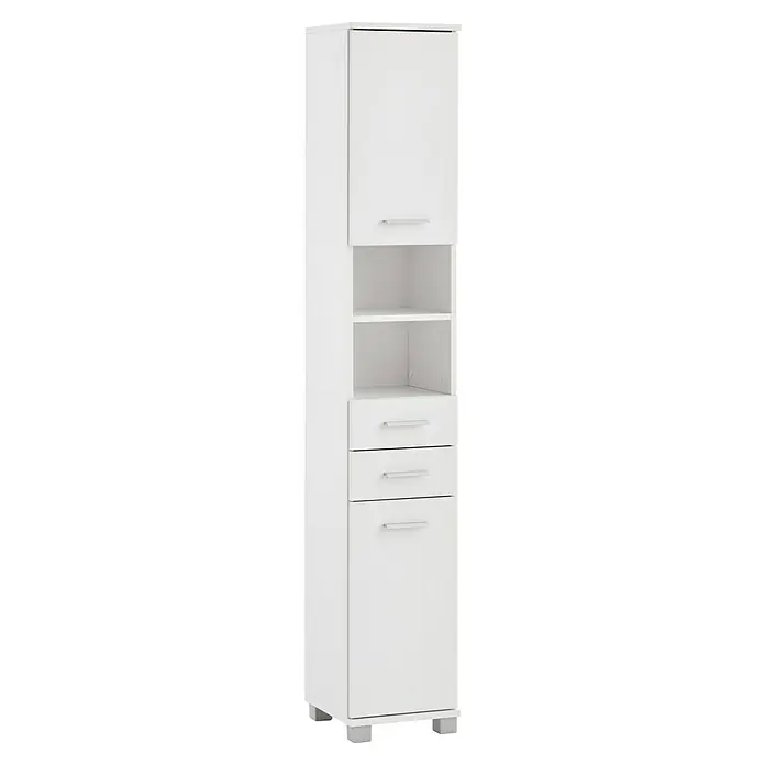 Schildmeyer Palermo Hochschrank - B x T x H: 30 x 32,6 x 181 cm, Weiß, Matt - Ein weißer Badschrank mit einer Tür, offenen Regalen und Schubladen. Ideal für die Badezimmerorganisation und Aufbewahrung.