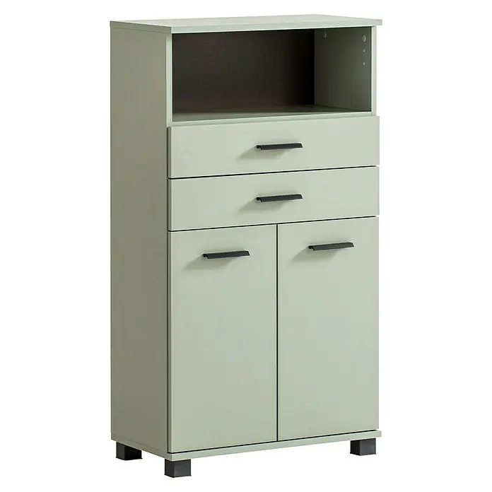 Schildmeyer Palermo Highboard - B x T x H: 60 x 32,6 x 110,5 cm, Pistazie, Matt - Ein hellgrüner Küchenschrank mit Schubladen, Fächern und schwarzen Griffen für die stilvolle Aufbewahrung in der Küche.