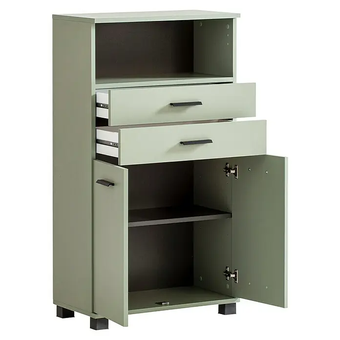 Schildmeyer Palermo Highboard - B x T x H: 60 x 32,6 x 110,5 cm, Pistazie, Matt - Ein stilvoller, pistaziengrüner Schrank mit zwei Schubladen und einem Schrankfach, ideal für die Aufbewahrung in jedem Raum.