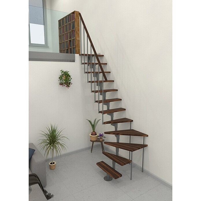 Minka Prostorsko varčne stopnice Joker Turn  (Višina nadstropja: 302,9 cm, Barva stopnice: Oreh, Barva kovine: Siva) | 4792 - Treppen | GBDD - Treppen | GBD - Bauelemente | GB - Bauelemente | G - Holz/Bauelem | BAUHAUS